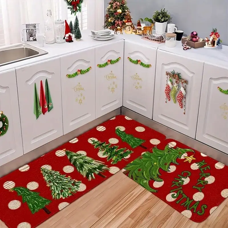 VIKAMA Christmas Flannel Kitchen Mat Xmas Tree Snow Dot Merry Christmas Print Non Slip Rug For Kitchen Floor Dining Decor