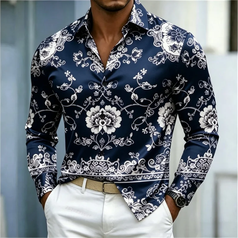 Men's shirt with retro floral print full print, men's long sleeved shirt, lapel shirt, light luxury vacation style casual top