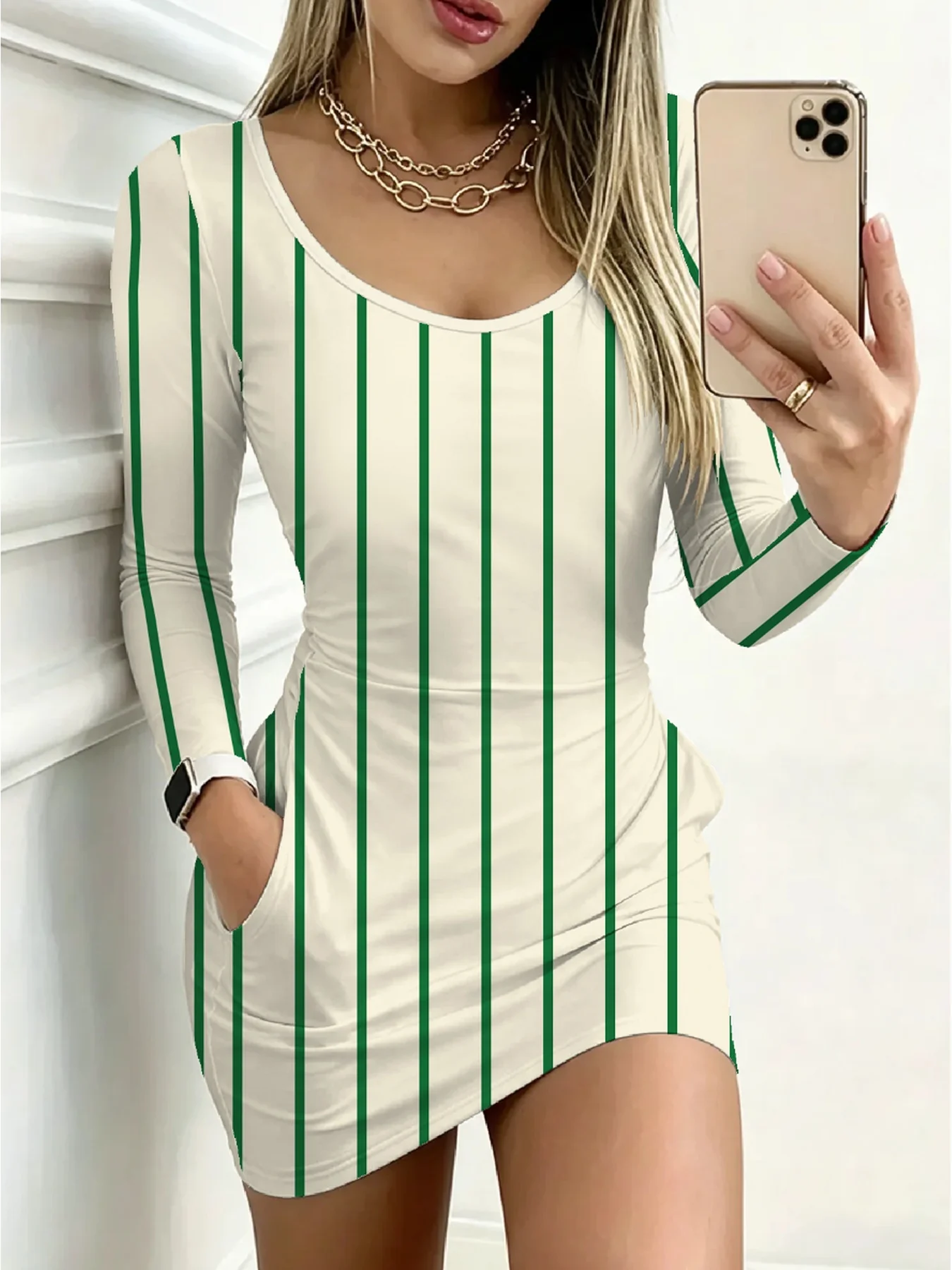 Women's Casual Elegant round Neck Long Sleeve Pocket Striped Color Block Mini Skirt Long Dress