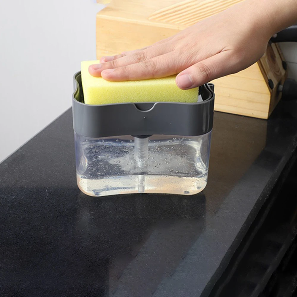 1 For Household Kitchen 2 In 1 Pressing Soap Liquid Box, Easy To Replenish, Durable, For Sponge, Dish Cloth, Pot Brush, Black view 3