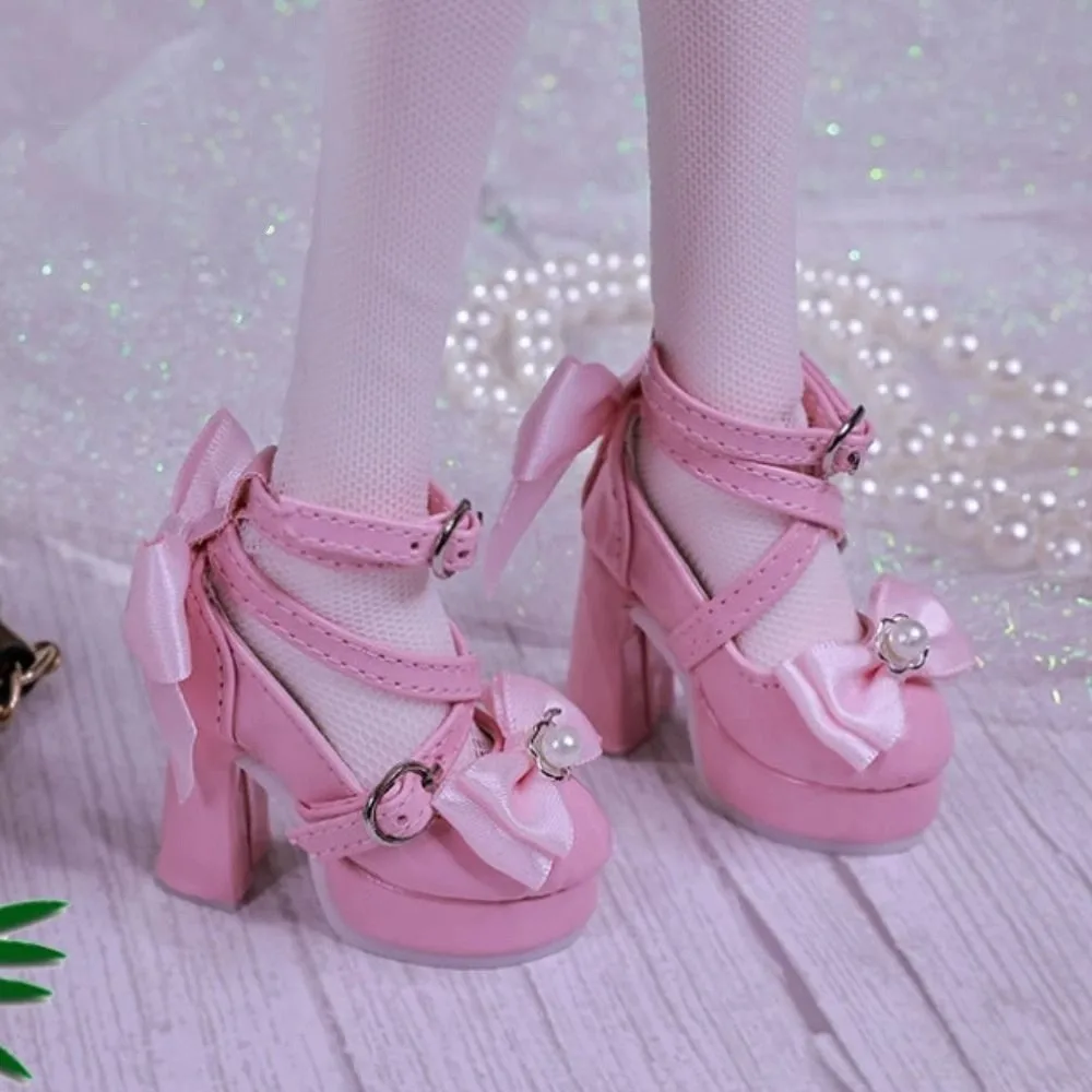 

1 Pair Princess Doll Shoes 1/3&1/4 BJD Bowknot High Heels Pearl Heightened Doll's Shoes PU Cute Dress Up Doll Shoes Girl Toys