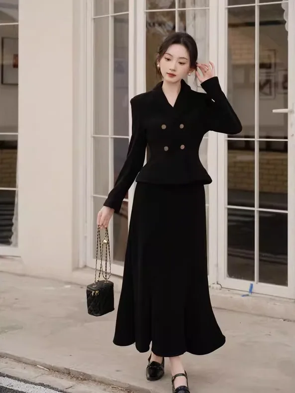 

Elegant Black Suit Jacket Women's Autumn Outfit with Fish Tail High Waist Skirt Two Piece Set Fashionable Commute Style