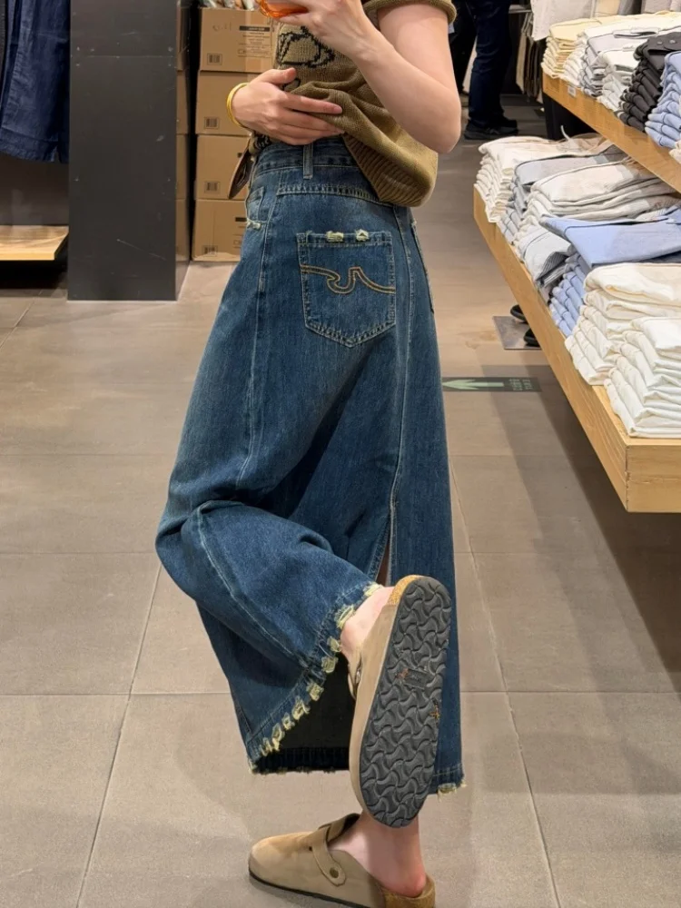 

Summer Women's A-Line Denim Skirt with Fringe Pockets High Waist Machine Embroidery Versatile Mid-Length Split Design