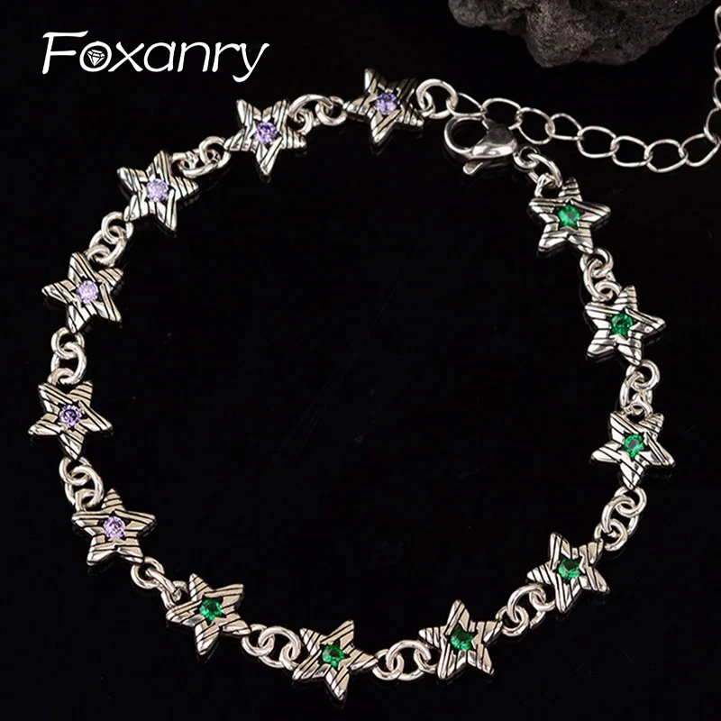 Foxanry Vintage Handmade Colorful Zircons Chain Bracelets for Women Couples New Fashion Creative Stars Geometric Wrist Jewelry