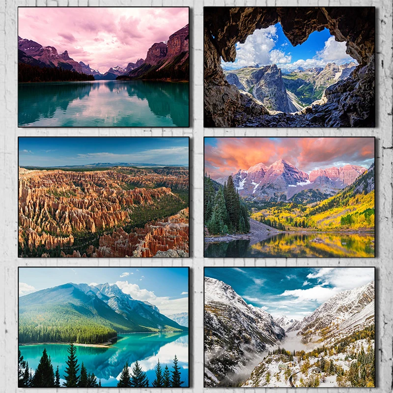 

Landscapes And Parks poster Mountains akes grasslands Caves sunset Canvas printing posters wall art decoration Home decoration