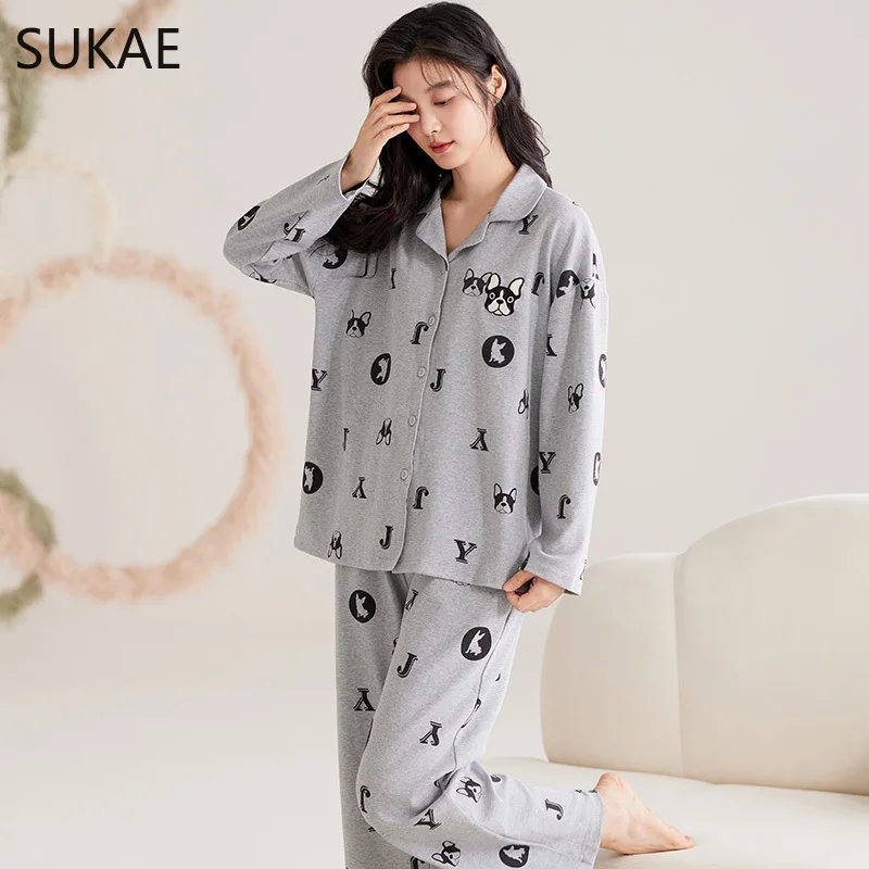 SUKAE Women Pajamas Set Autumn Winter Elegant Turn-down Collar Sleepwear Girl Faux Cotton Nightwear Lady Long Sleeves Loungewear