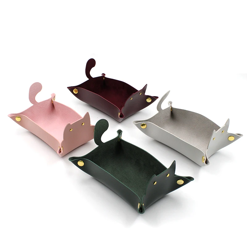 PU Leather Desktop Storage Tray, Stationery Storage Tray, Dice Rolling Tray, Cat Shaped, Square, Key Storage Box