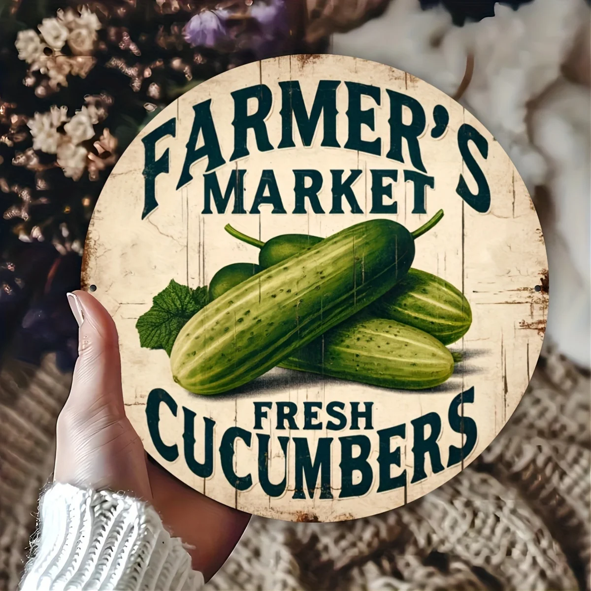 2D Flat Retro Metal Tin Sign - Farmer'S Market Fresh Cucumber Round Wall Decor, 19.81X19.81 cm Iron Art Home Decoration with Pre
