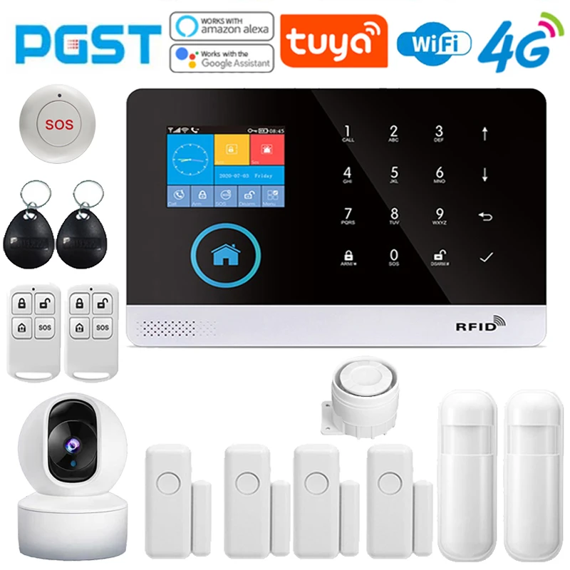 PGST Home Security Alarm System, 4G, 2G, WiFi, GSM, 2,4 MHz, Tuya Smart Life Application Control, ausgestattet mit PIR mobile RFID-Karte