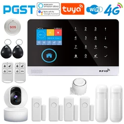 PGST Home Security Alarm System, 4G, 2G, WiFi，GSM，2.4 MHz，Tuya Smart Life Application Control，Equipped with PIR mobile RFID card