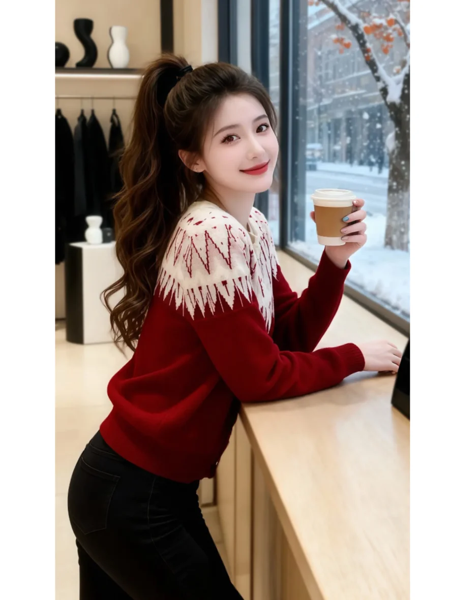 

Retro Knitted Sweater Women's Slim Fit Waist Cinched Color Blo Casual Long Sve round Ne Breathable Comfortable Autumn ...