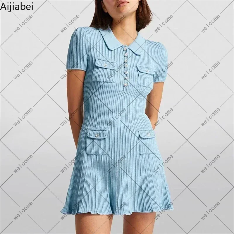 

2024 Spring/Summer New Polo Neck Short Sleeve Knitted Dress Y2K Fashion Commuter Elastic Slim Fit Multi Pocket Wrapped Hip Skirt