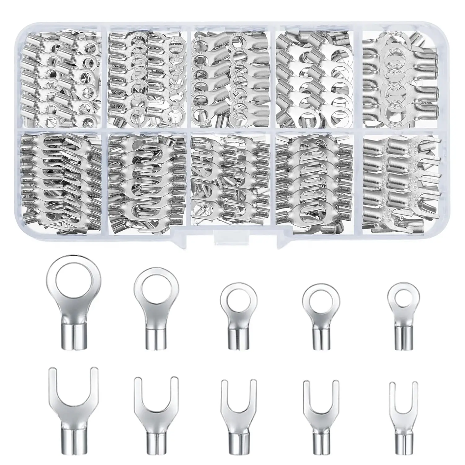 320 Pieces Non-Insulated Ring Terminals & Fork Connector Kit, Copper Ring Fork U-Type Female Terminals, Wire Lugs Battery Cable