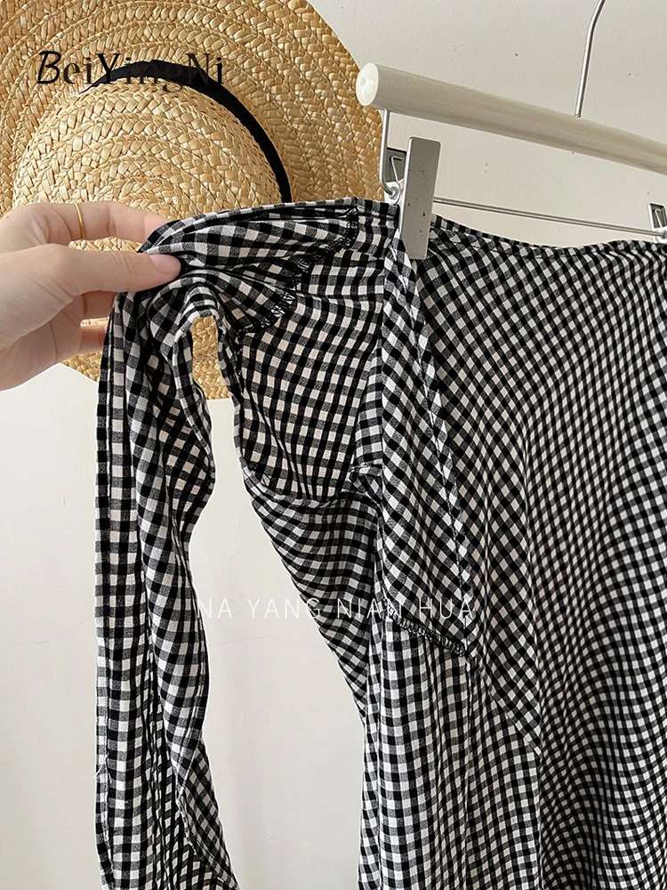 Beiyingni 2025 Summer Vintage Women's One-piece Midi Skirts Plaid Casual Lace-up Irregular Holiday Plaid Skirt Female Faldas