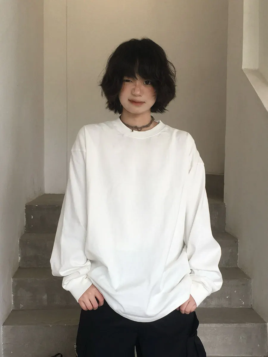 

Heavyweight Pure Cotton Fce Long Sve Basic Top Loose Fit round Ne T-irt Casual Sle Autumn Wear for Young Women