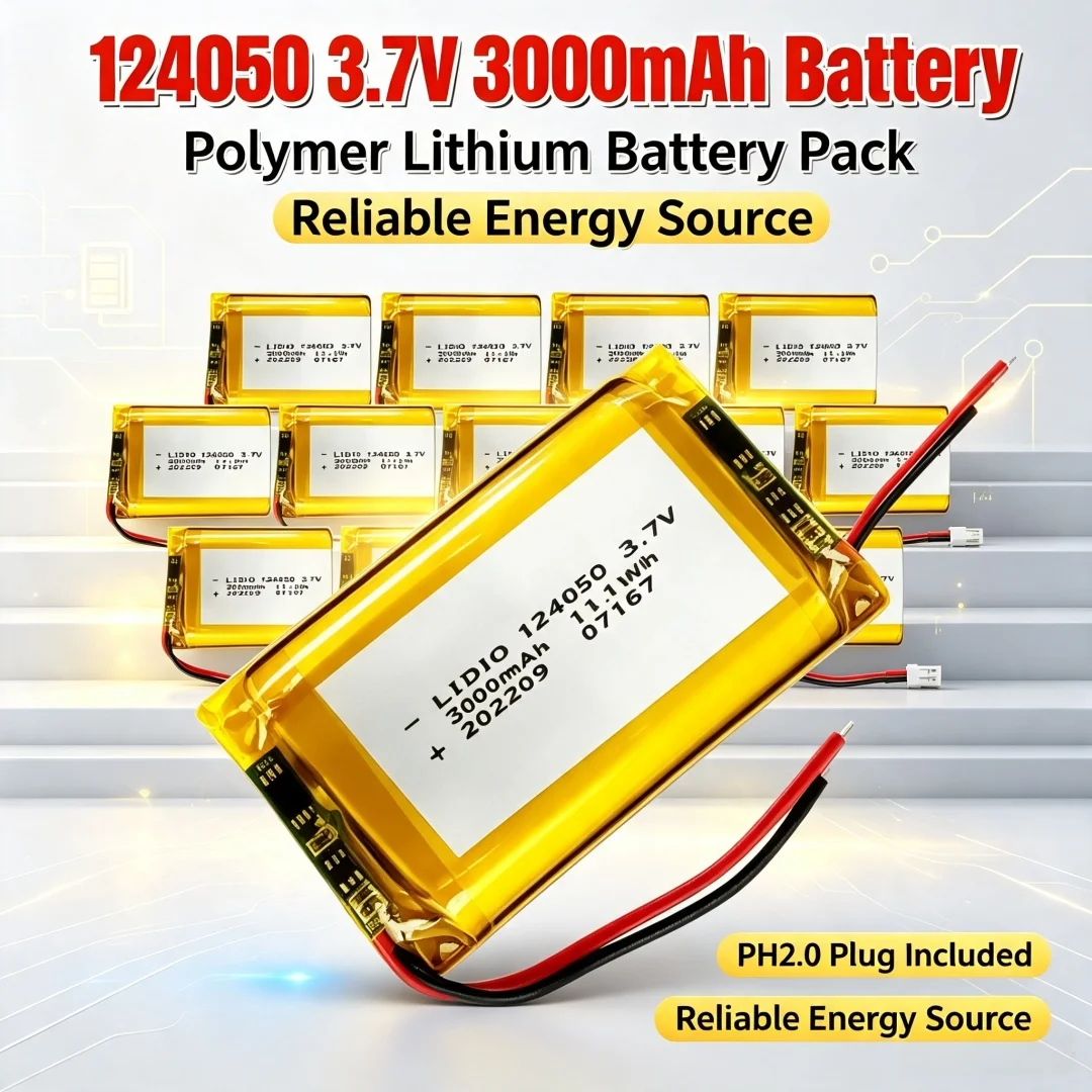 124050 3,7V 3000mAh Lithium-Polymer-LiPo-Akku mit PH2.0 2-Pin-Stecker für MP3, Kopfhörer, PAD, DVD, Bluetooth, Kamera