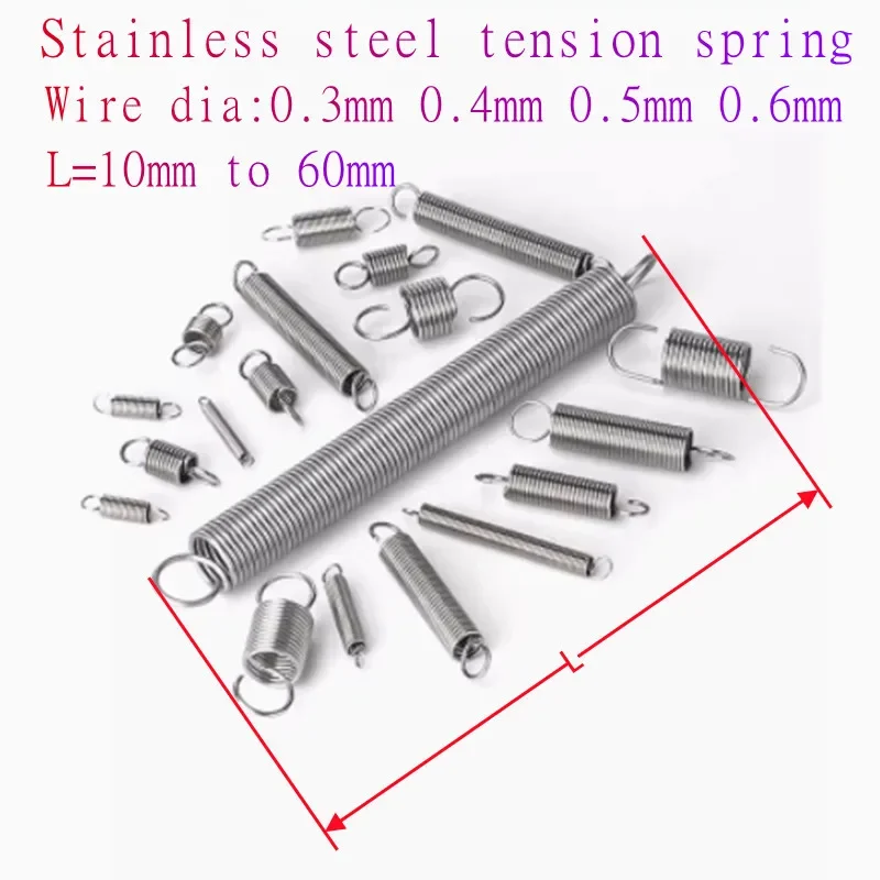 10pcs extension spring wire dia 0.3mm 0.4mm 0.5mm tension spring stainless steel  with hook length 10mm to 60mm