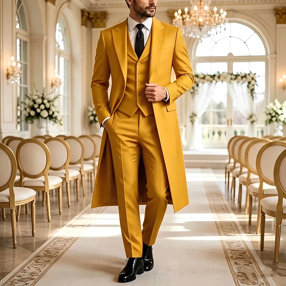 Long Wedding Suits for Men 3 Pieces Peak Lapel Groom Tuxedo Jacket with Vest Pants Formal Prom Party Slim Fit Suit and Separates