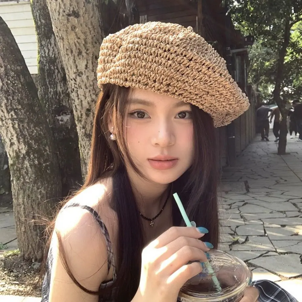 

Fashion Summer Straw Beret Crochet Hollow Weave Cap Handmade Vacation Painter Hat Girls