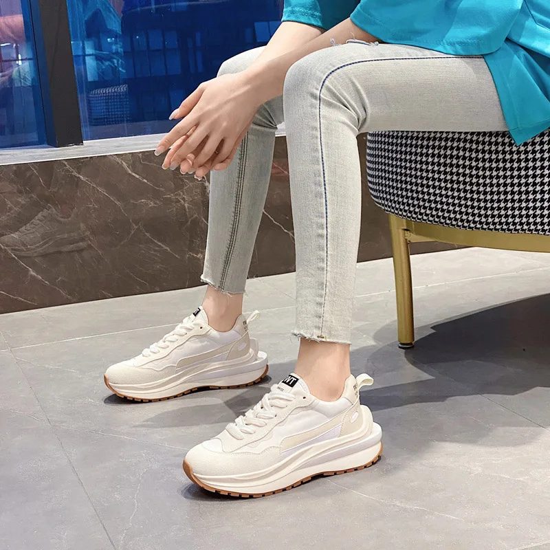 CXJYWMJL Genuine Leather Women Platform Sneakers Spring Casual Sports Chunky Shoes Ladies Thick Soled Breathable Vulcanized Shoe