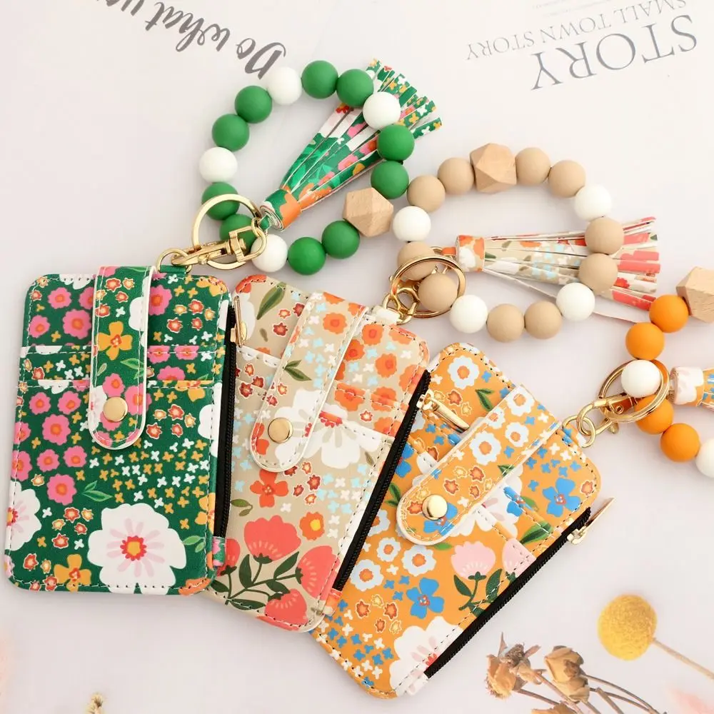 Portachiavi con braccialetto di perline in silicone dal design frammentato, stile Boho, modello floreale, portafoglio, portachiavi, decorazione con nappa