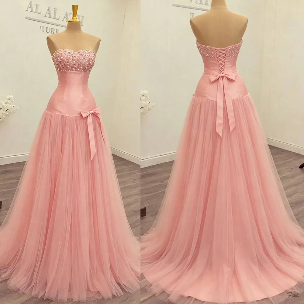 Charming Crystal Sequins Bow Blush Pink A-Line Evening Gown Strapless Sweep Train Formal Dress Serene Hill Dress Customized