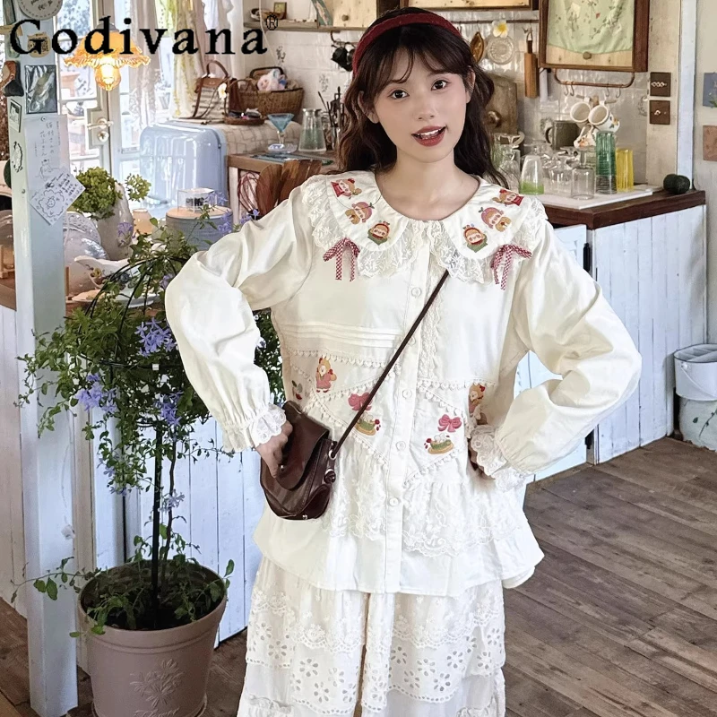 

Mori Girls Sweet Lolita Cotton Long Sleeve Shirt Spring Autumn 2025 Cute Girls Women Sweet Lace Embroidery Shirt Blouses Tops