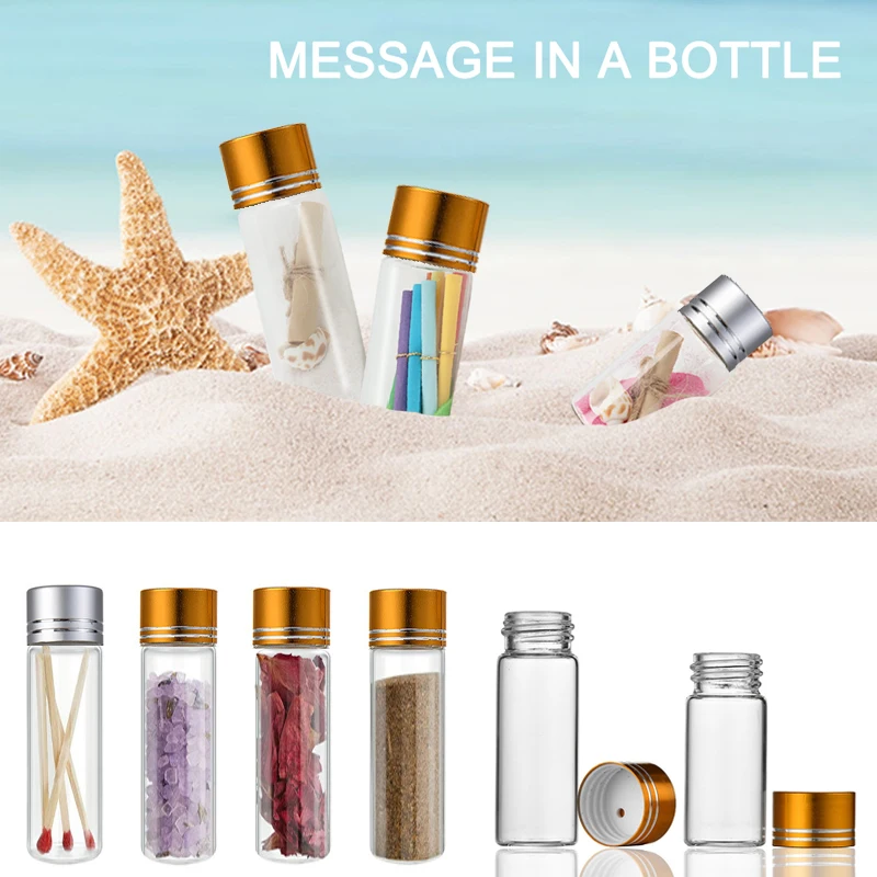 10 sztuk 5ml-25ml przezroczysta szklana prosta butelka z aluminiową zakrętką Mini butelki z płaskim dnem pusty pojemnik wielokrotnego napełniania na cukierki