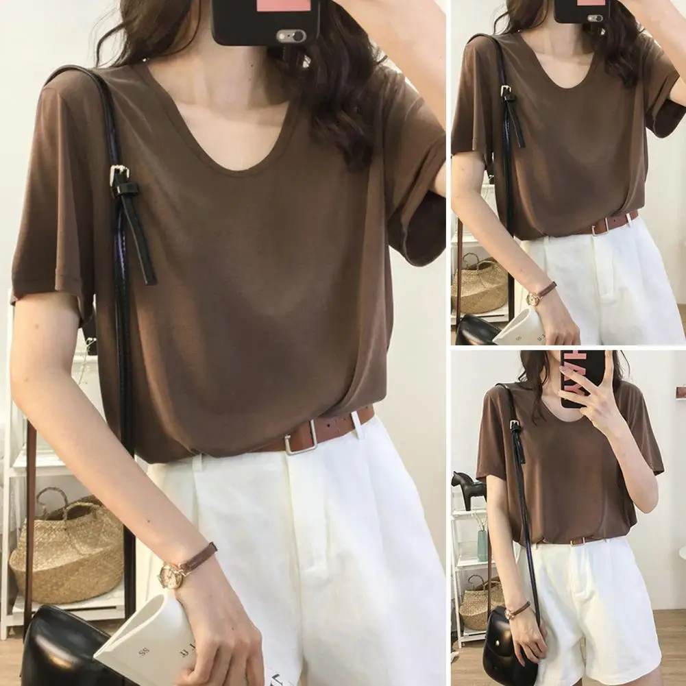 Women T-shirt Stylish Women's V-neck T-shirt Collection Loose Fit Summer Tops with Side Slit Hem Solid Color Stretchy for Daily