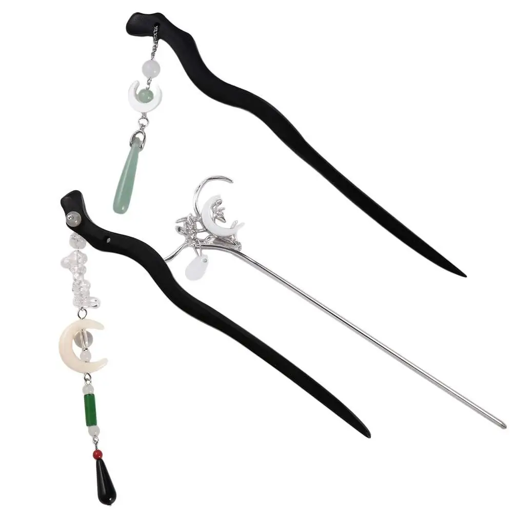 Love Between Fairy and Devil Same Style Chinese Style Hanfu Moon Tassel Hair Sticks Black Sandalwood Hairpin