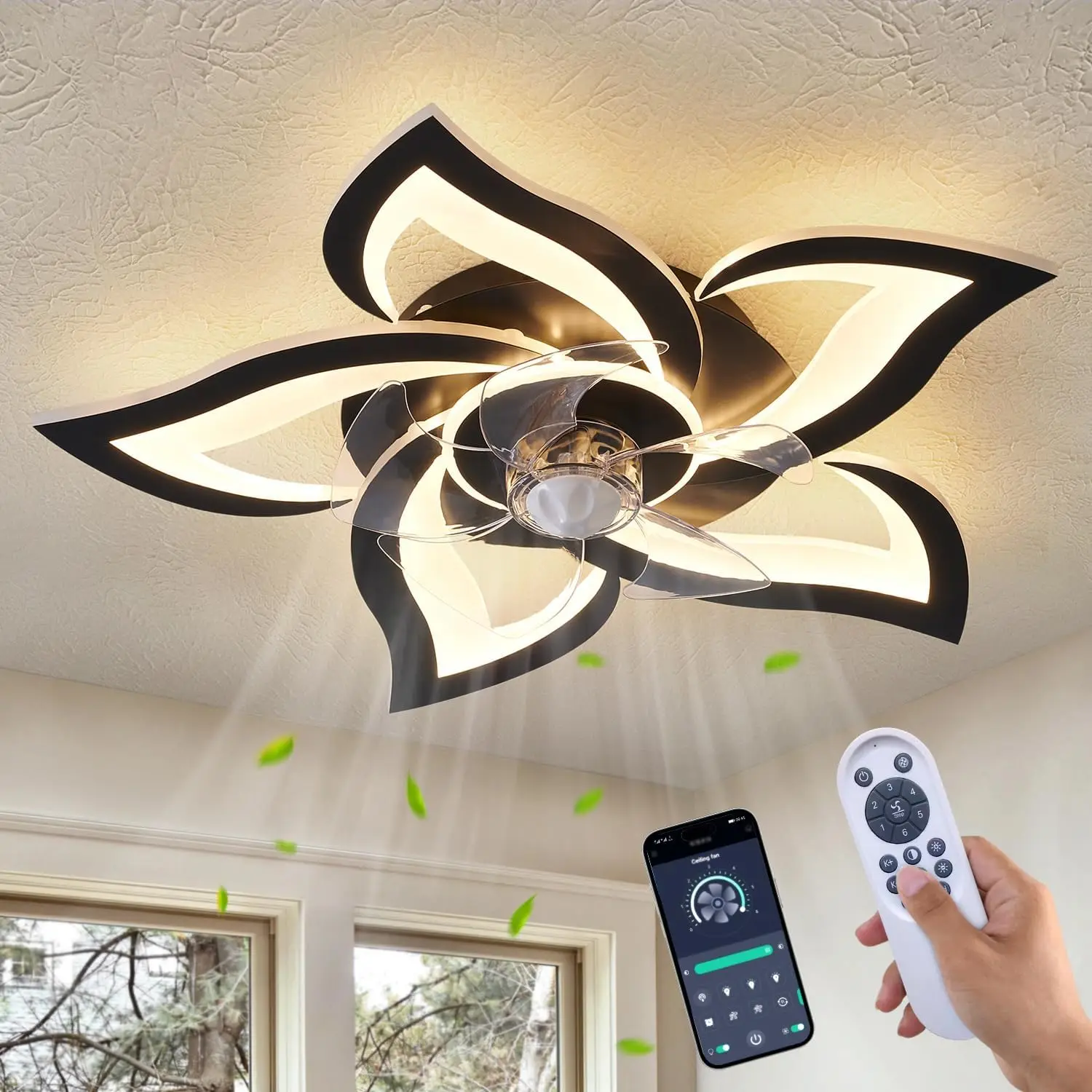 

24" Black Ceiling Fan with Lights Remote Control, 6 Speeds, Low Profile Flush Mount for Kitchen Bedroom