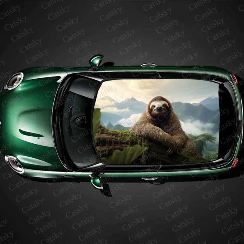 Sloth with Mountain Landscape Car Roof Sticker Wrap Racing SUV Accessories Packaging Painted PVC Custom Car Graphic Decal