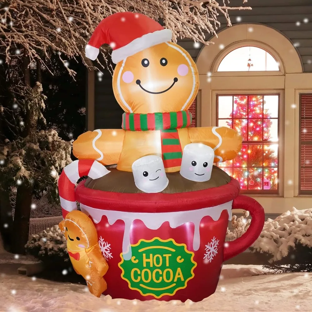 

6 FT Christmas Inflatables Outdoor Decorations, Cute Blow Up Yard Gingerbread Man in Hot Cocoa Mug Scene Christmas Decorations