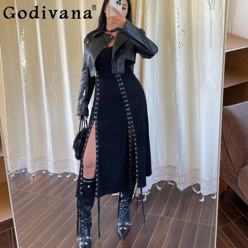

New Super Elastic Slim Heavy Industry Backless V-neck Long Split Dress Cool Girl Autumn Black High Waist Sexy Suspender Dresses