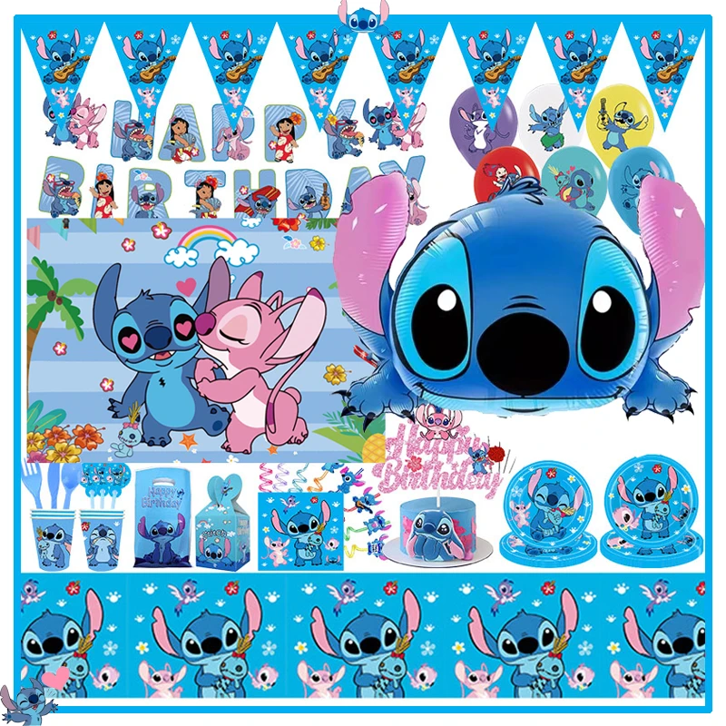 Stitch Birthday Party Decoration Stitch Angle Sky Blue Supplies Backdrop Paper Napkin Plates Cups Tableware Balloons Baby Shower