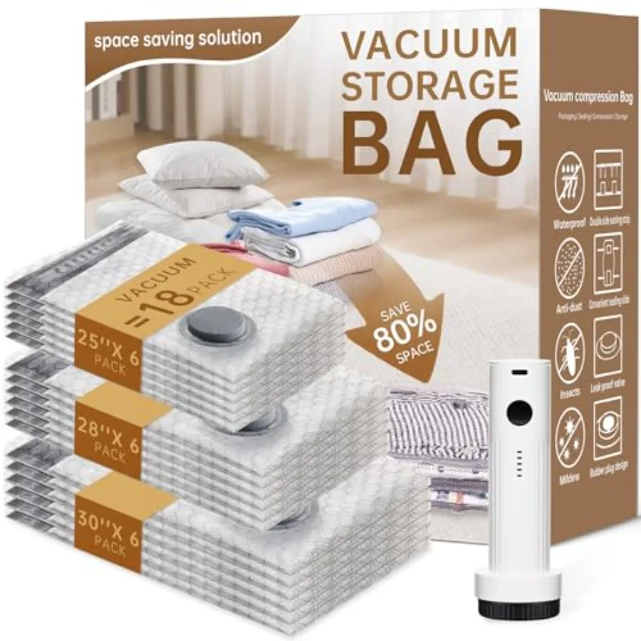 

Вакуумные пакеты для путешествий с беспроводным перезаряжаемым насосом, 18 штук, компактные, для багажа и одежды