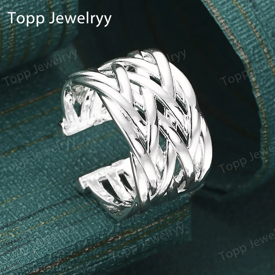 Charm 925 Sterling Silver Simple Wide Braided Open Ring Gift Jewelry Fashion Women Charm Ring