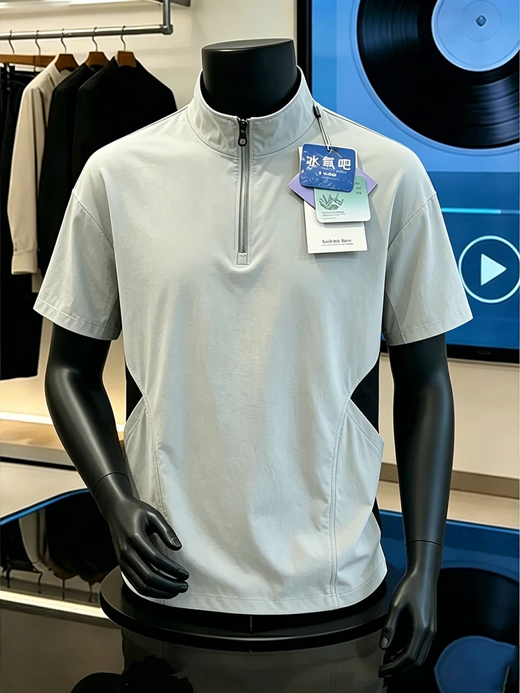 Ice Silk Quick Dry Short Sleeve T-Shirt Men's Summer Casual Sports Stand Collar Outdoor Fitness Large Size Patchwork Half Sleeve