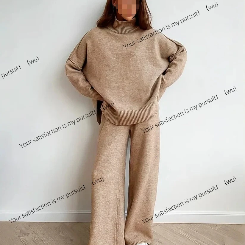 

ZOCI-европейский и американский осенне-зимний повседневный однотонный свободный вязаный свитер с высоким воротником и брюками в ленивом стиле