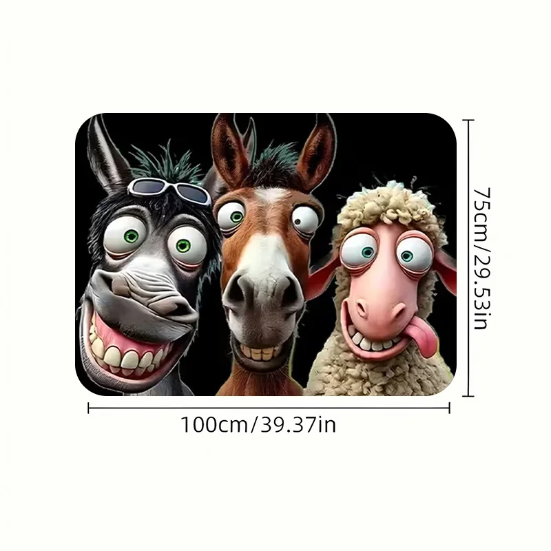 1pc Stylish Car Trunk Mat With Cheerful Cartoon Animals | Gray Donkey With Green Eyes & Glasses, Brown-White Horse, Curly-Haired