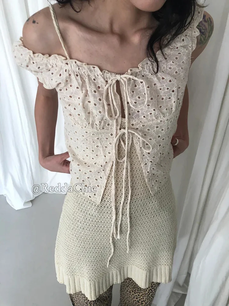 REDDACHiC Tie-up Front Women Top Summer Layered Flower Punching Frilly Square Neck Puff Sleeve T-shirt Casual Vacation Beachwear