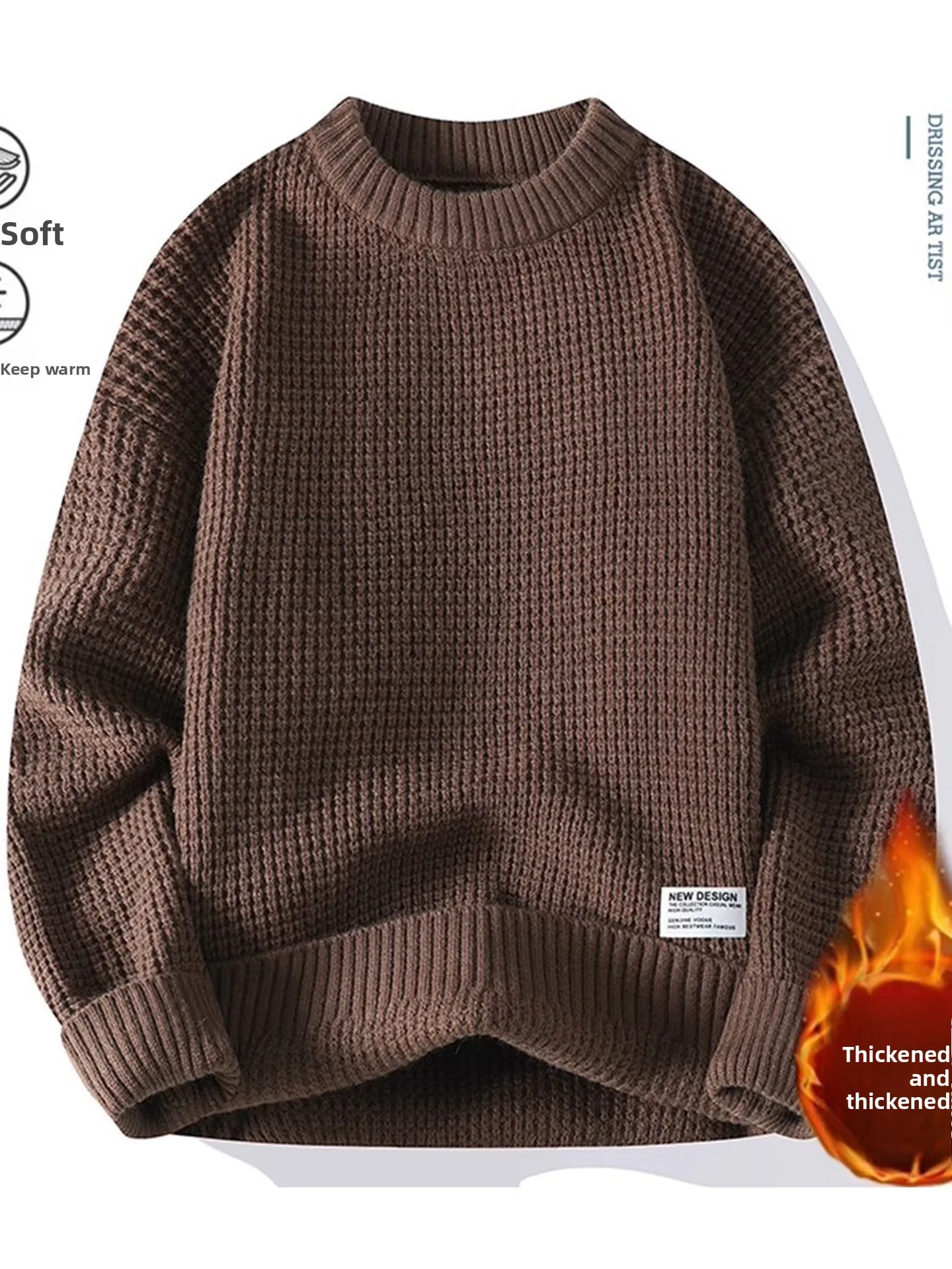 

Men's Fce Lined Knitted Sweater round Ne Casual Color Thi Warm Base Layer irt Youth High End Winter New Arrival