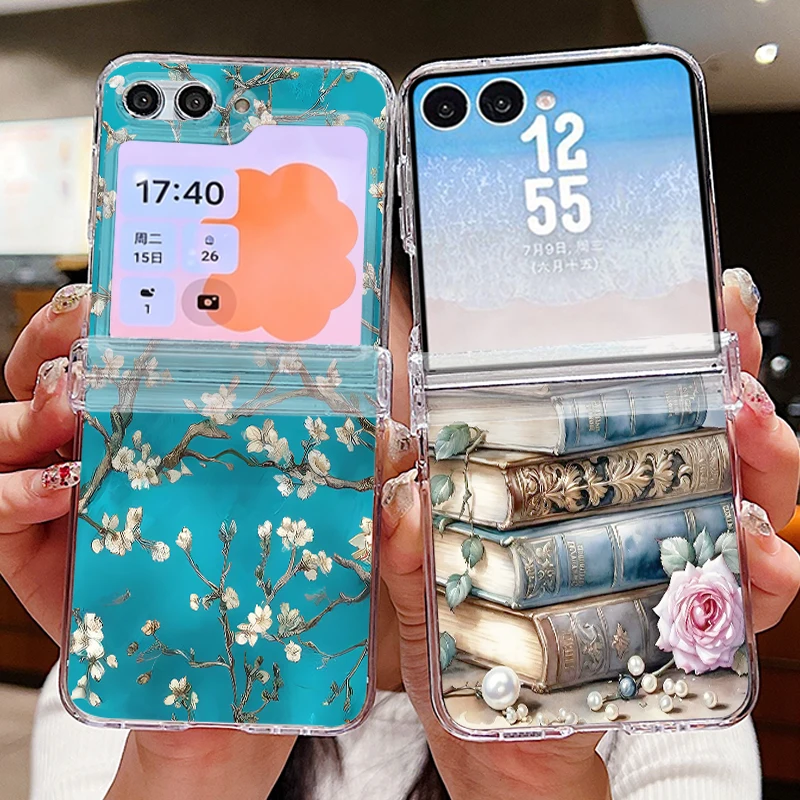 Book Flower Pattern Folding Phone Case For Samsung Galaxy Z Flip8 Flip7 FE Flip6 Flip 8 7 6 5 4 3 5G Clear Shockproof Hard Cover