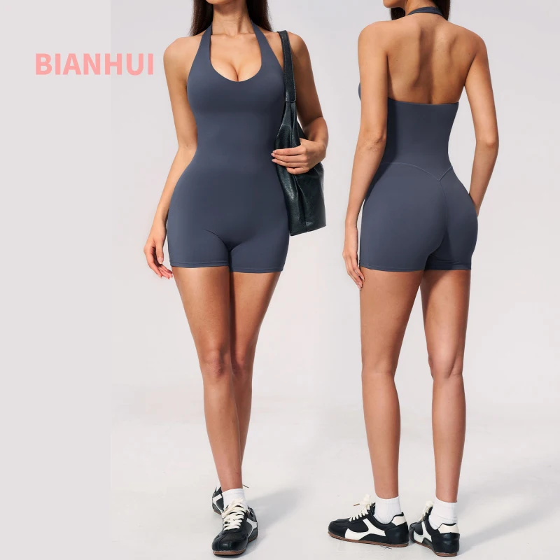 

Woman One-Piece V Backless Halter Neck Jumpsuit For Women Slim Fitting Shorts Gym Clothing Workout Clothes Fitness Yoga Bodysuit