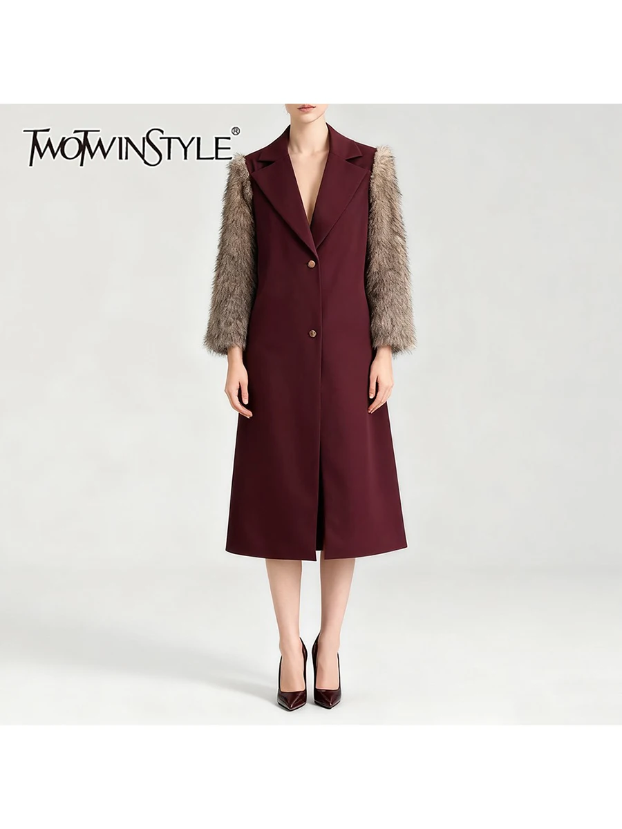 TWOTWINSTYLE Hit Color Spliced Fur Temperament Coats for Women Lapel Long Sleeves Patchwork Single Breasted Coat Female Clothing