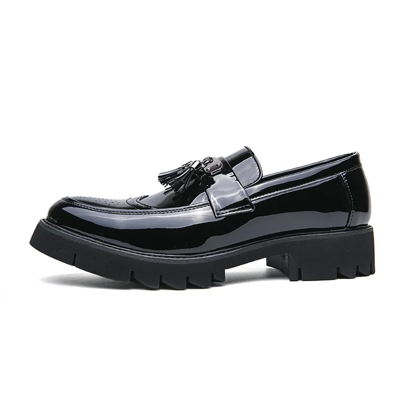 Men Dress Shoes Black Patent Leather Tassels Round Toe Loafers Slip-On Business Designer Shoes Men Size 38-46