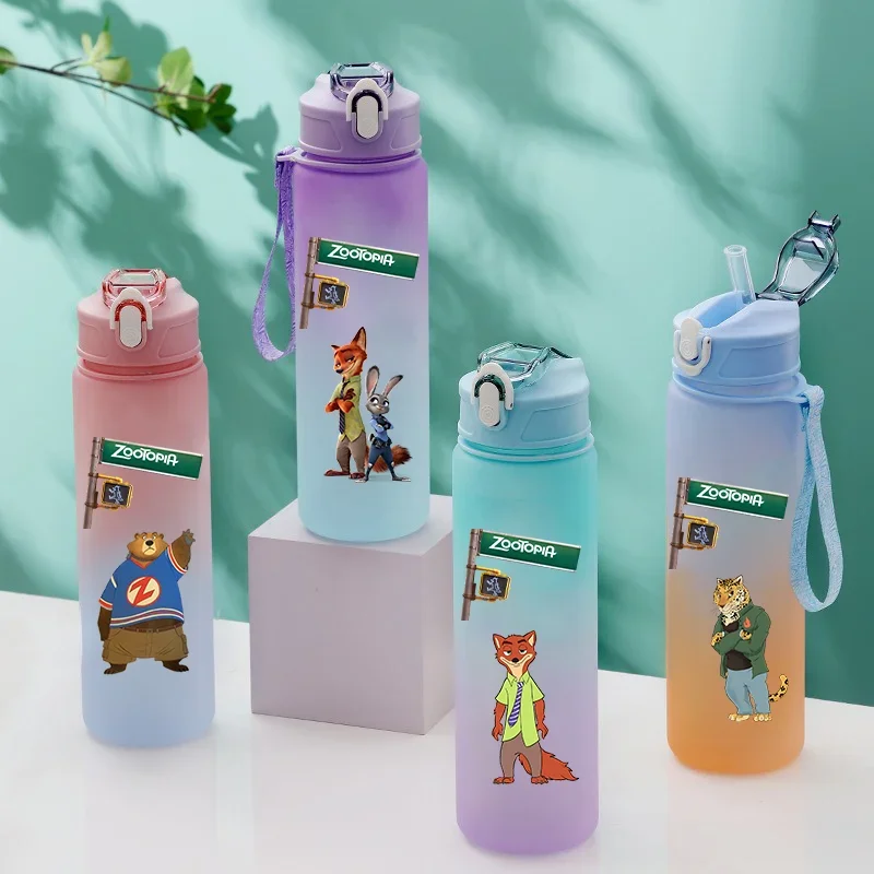 750ML Zootopia Cartoon Large Capacity Plastic Water Bottle Outdoor Sports Leak Proof Water Bottle Portable Gradient Water Cup