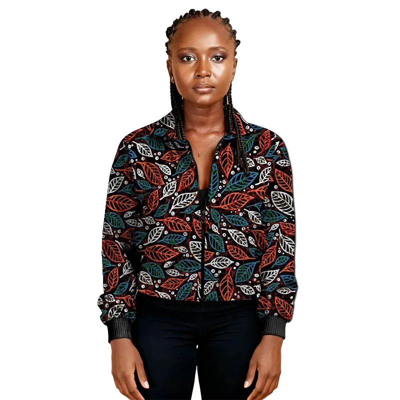 Giacca da donna con cerniera modello foglie couture africane Moda manica lunga colletto con risvolto vestibilità ampia capispalla con stampa Ankara