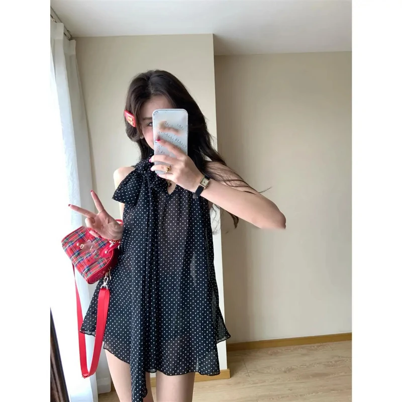 

Женские шифоновые топы в горошек в корейском стиле, лето 2021, свободная рубашка с бантом на шнуровке и открытыми плечами, модная блузка без рукавов