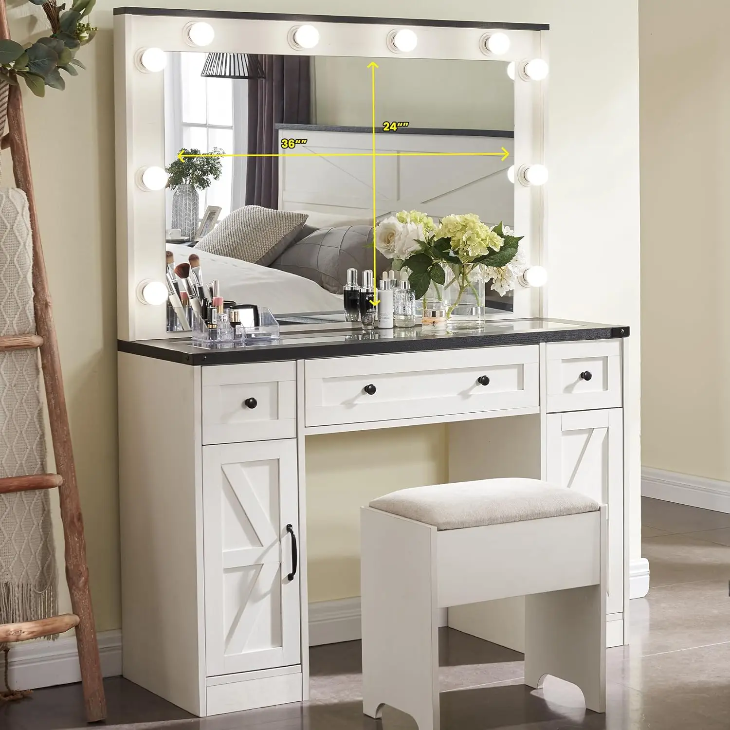 Farmhouse Maquiagem Vanity Desk com espelho e luzes, Vanity Set, Glass Tabletop, 3 gavetas, 2 armários, fezes incluídas, 43"